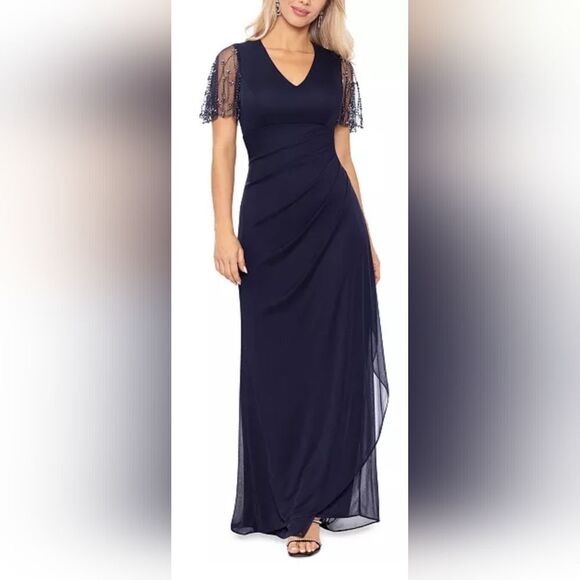 XSCAPE Petite Embellished V-Neck Fit & Flare Gown NWT Size 14P Navy Blue